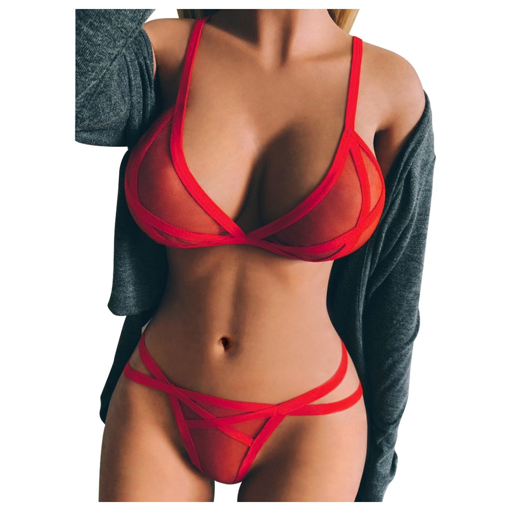 Women's Sexy Bralette Mesh Lingerie Set with Wire-Free Cups - Erotic Bikini Underwear and Porno-Inspired Design