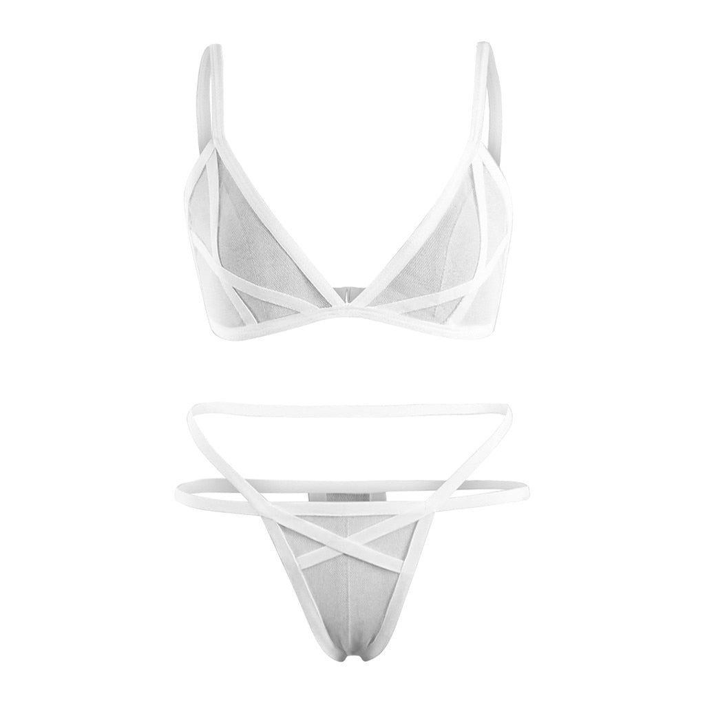 Women's Sexy Bralette Mesh Lingerie Set with Wire-Free Cups - Erotic Bikini Underwear and Porno-Inspired Design