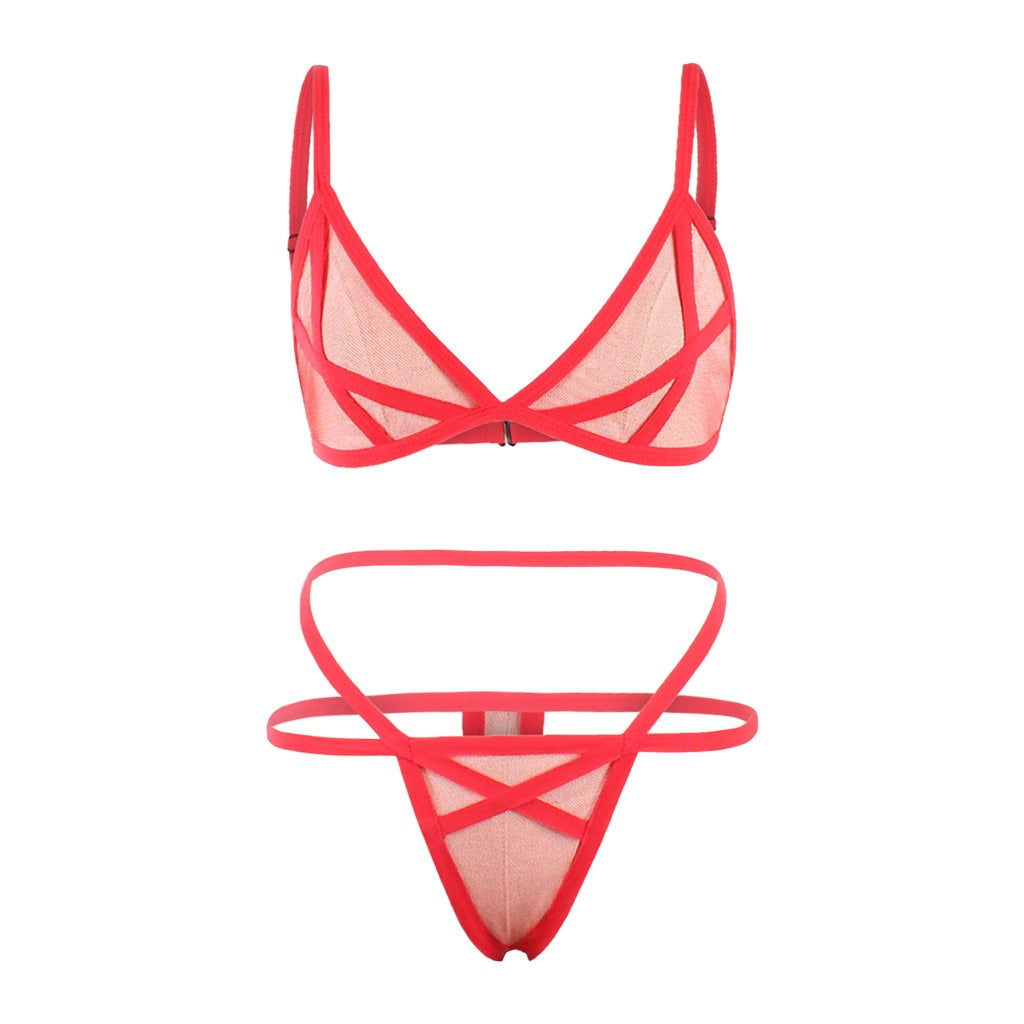 Women's Sexy Bralette Mesh Lingerie Set with Wire-Free Cups - Erotic Bikini Underwear and Porno-Inspired Design