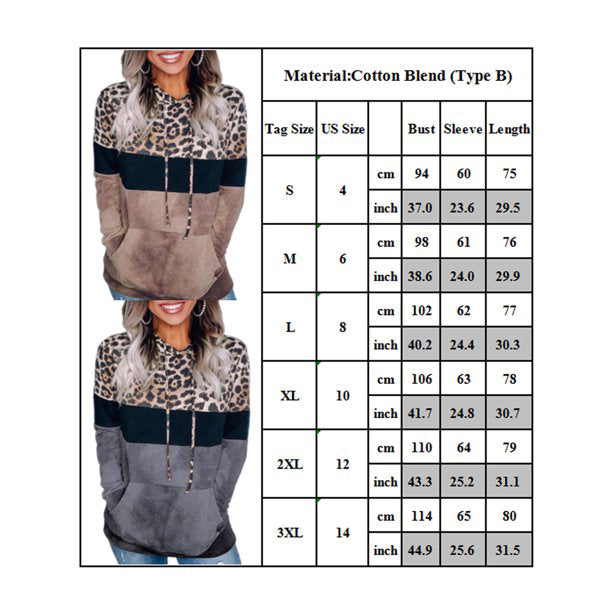 Women's Winter Leopard Hooded Long Sleeve Oversize Sweatshirts & Hoodes Loose Boho Pullover