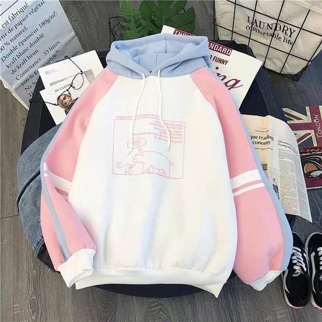 Women Plush Cute Bear Print Long Sleeve Hoodie Sweatshirts - CTHOPER