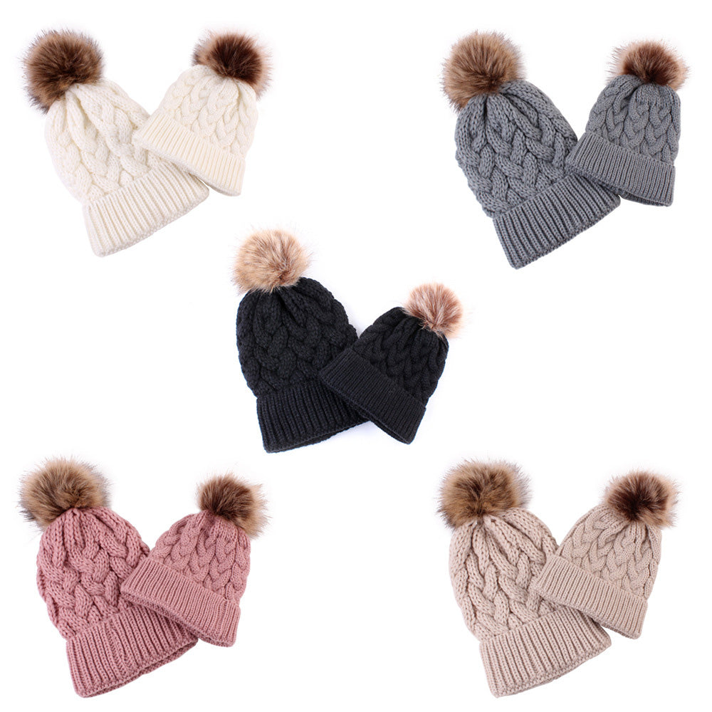 2Pcs Mom Baby Fur Pompom Warm Winter Crochet Knit Wool Solid Color Beanie Caps - CTHOPER