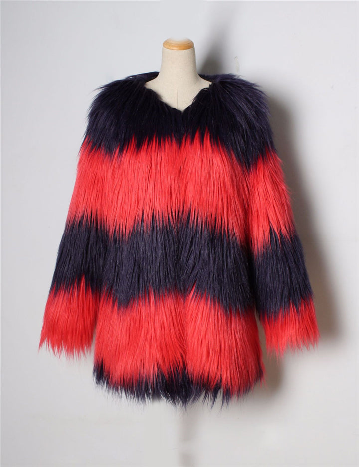 Women Long Patchwork Vintage Faux Fur Coat - CTHOPER