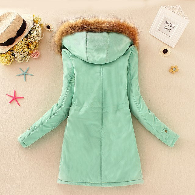 2019 Women's Winter Hooded Fur Collar Waist And Velvet Thick Warm Long Cotton Jacket Coat - CTHOPER