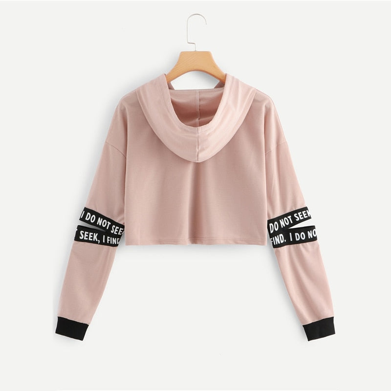 Women Pink Letter Drawstring Cut Out Sleeve Crop Hoodie Sweatshirt - CTHOPER