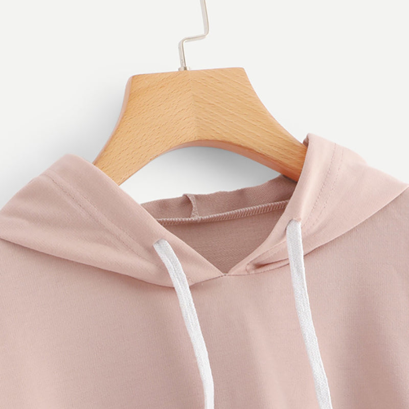 Women Pink Letter Drawstring Cut Out Sleeve Crop Hoodie Sweatshirt - CTHOPER