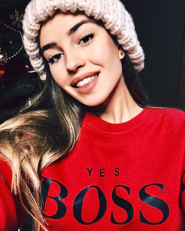 Womens "Yes Boss" Letter Printed Long Sleeve O Neck Hoodie Sweatshirt - CTHOPER