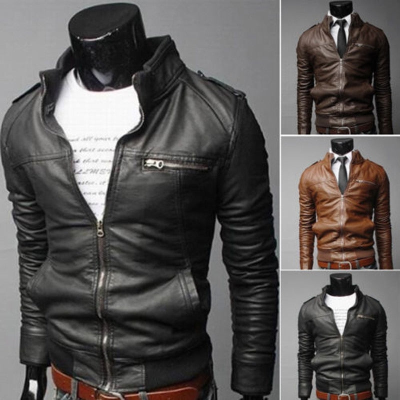 Men Zipper PU Leather Biker Slim Fit Motorcycle Jackets - CTHOPER