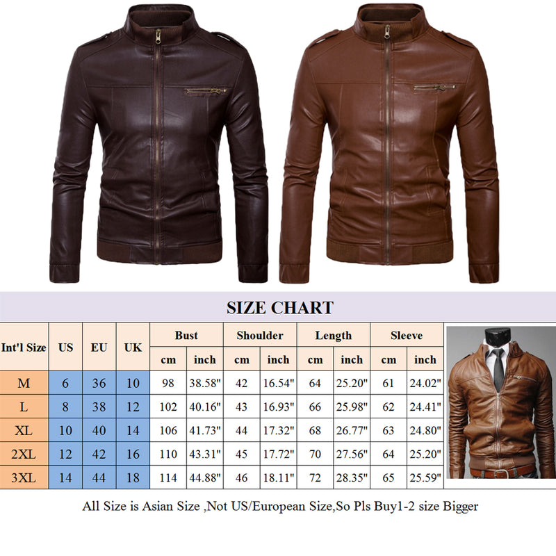 Men Zipper PU Leather Biker Slim Fit Motorcycle Jackets - CTHOPER