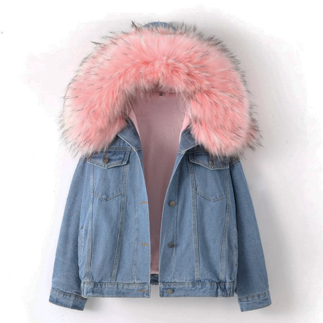 Women's Winter Bomber Hooded Windbreaker Coat Denim Jackets - CTHOPER