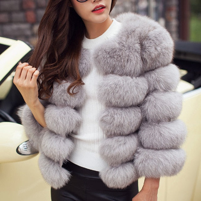 Women Winter Plus Size Faux Fox Fur Overcoat Jacket Coat - CTHOPER