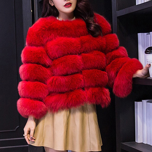 Women Winter Plus Size Faux Fox Fur Overcoat Jacket Coat - CTHOPER