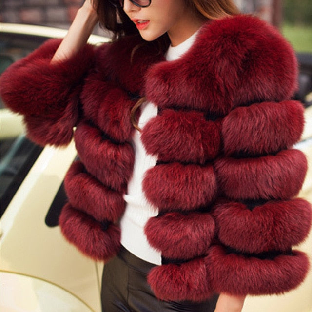 Women Winter Plus Size Faux Fox Fur Overcoat Jacket Coat - CTHOPER