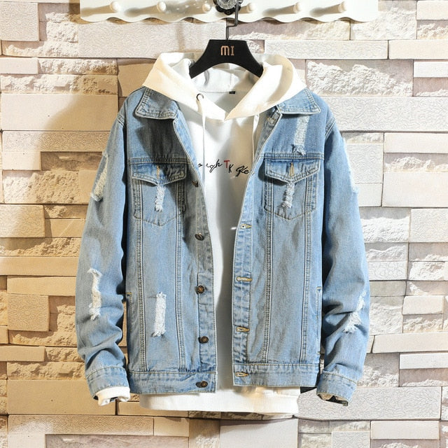 Men's Retro Hip Hop Denim Bomber Jacket - CTHOPER