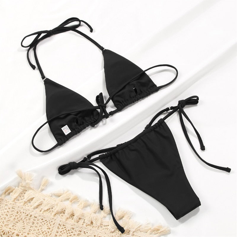 Sexy Bikini Solid Swimsuit Tanga Biquini Micro Bikini Set Hollow Out Swimwear Bathing Suit Women Thong Bikinis Swimsuit Women