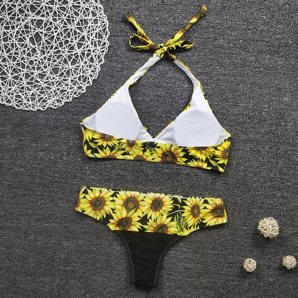 Women's Bikini Summer Fashion Sunflower Print Sexy V-neck Tube Top Halter Halter Halter High Waist Hip Bikini Two-piece Set D9#