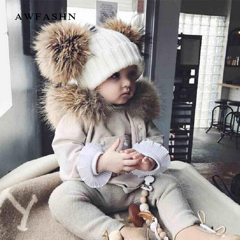 Kids Winter Two Raccoon Fur pom poms Knit Beanie Hats - CTHOPER