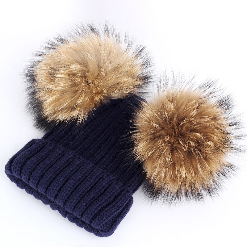 Kids Winter Two Raccoon Fur pom poms Knit Beanie Hats - CTHOPER