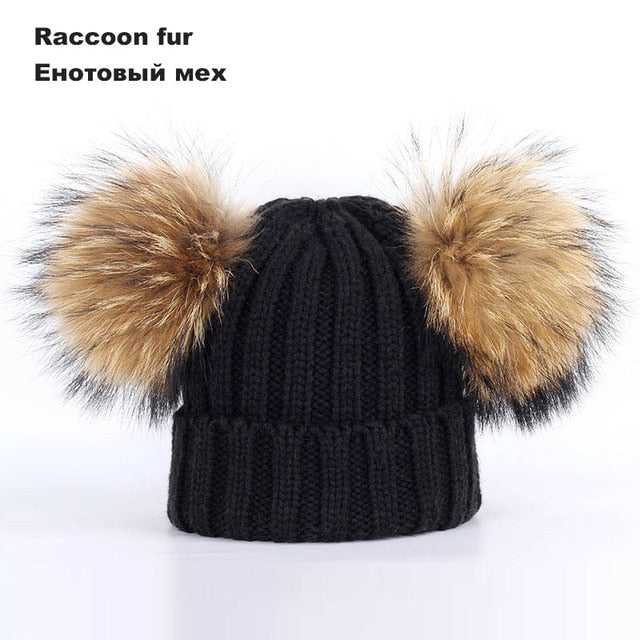 Kids Winter Two Raccoon Fur pom poms Knit Beanie Hats - CTHOPER