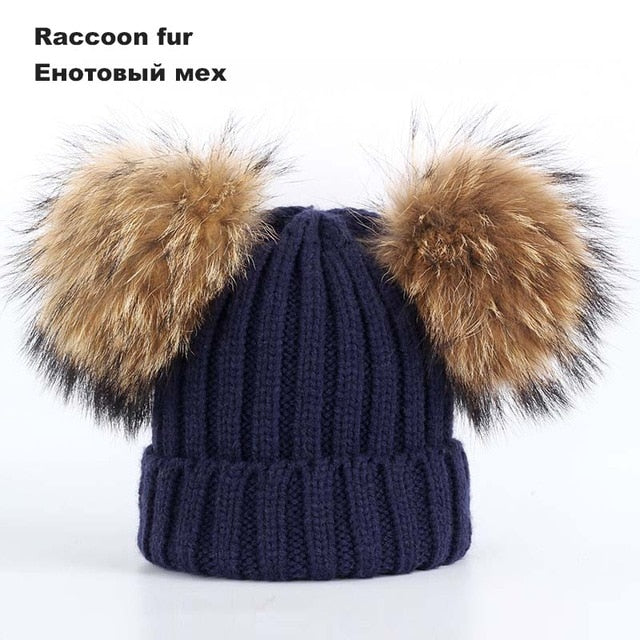 Kids Winter Two Raccoon Fur pom poms Knit Beanie Hats - CTHOPER