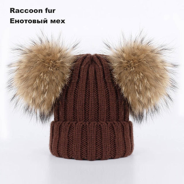 Kids Winter Two Raccoon Fur pom poms Knit Beanie Hats - CTHOPER