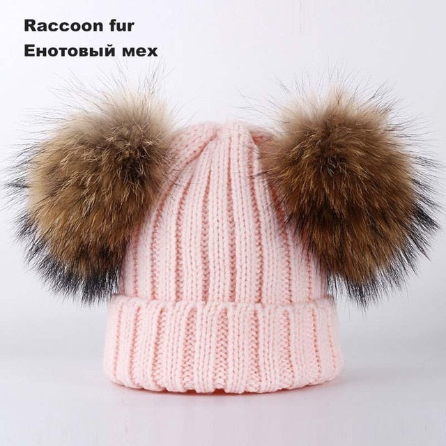 Kids Winter Two Raccoon Fur pom poms Knit Beanie Hats - CTHOPER