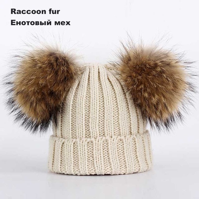 Kids Winter Two Raccoon Fur pom poms Knit Beanie Hats - CTHOPER