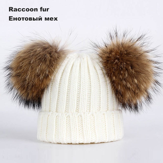 Kids Winter Two Raccoon Fur pom poms Knit Beanie Hats - CTHOPER