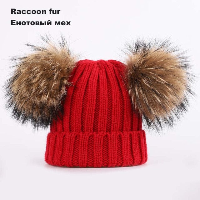 Kids Winter Two Raccoon Fur pom poms Knit Beanie Hats - CTHOPER