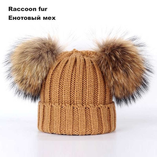 Kids Winter Two Raccoon Fur pom poms Knit Beanie Hats - CTHOPER