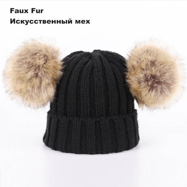 Kids Winter Two Raccoon Fur pom poms Knit Beanie Hats - CTHOPER