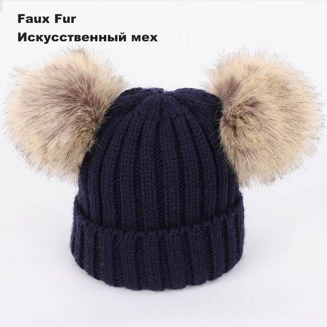 Kids Winter Two Raccoon Fur pom poms Knit Beanie Hats - CTHOPER