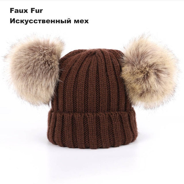 Kids Winter Two Raccoon Fur pom poms Knit Beanie Hats - CTHOPER