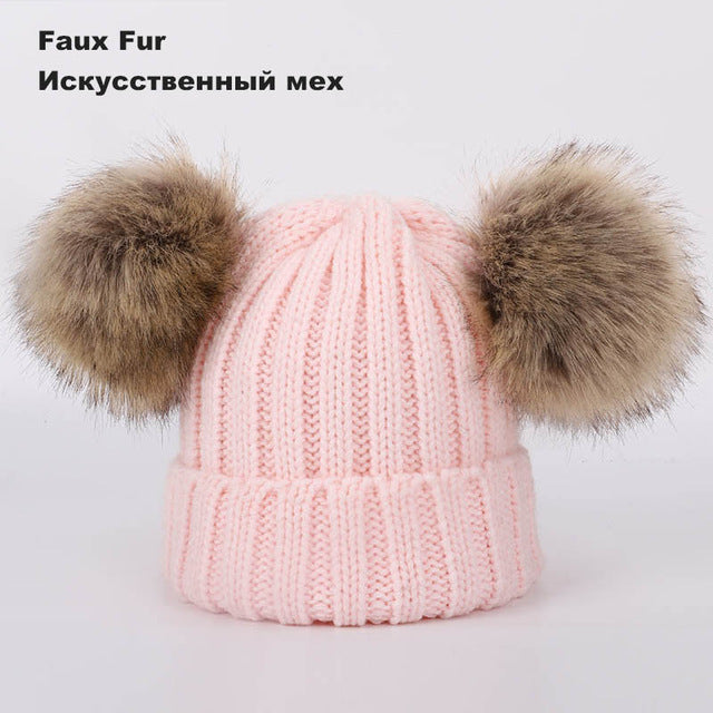 Kids Winter Two Raccoon Fur pom poms Knit Beanie Hats - CTHOPER