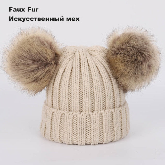 Kids Winter Two Raccoon Fur pom poms Knit Beanie Hats - CTHOPER