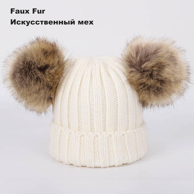 Kids Winter Two Raccoon Fur pom poms Knit Beanie Hats - CTHOPER