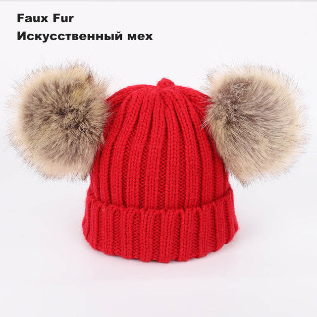 Kids Winter Two Raccoon Fur pom poms Knit Beanie Hats - CTHOPER