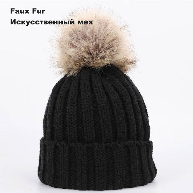 Kids Winter Two Raccoon Fur pom poms Knit Beanie Hats - CTHOPER