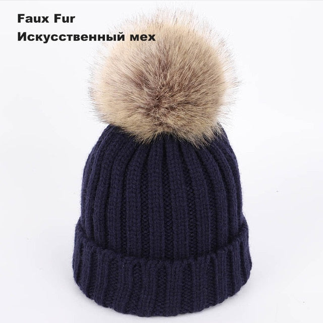 Kids Winter Two Raccoon Fur pom poms Knit Beanie Hats - CTHOPER