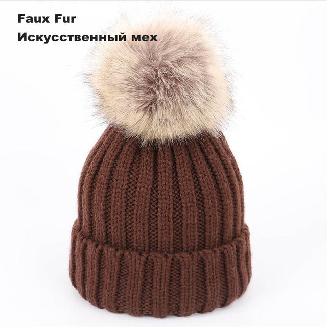 Kids Winter Two Raccoon Fur pom poms Knit Beanie Hats - CTHOPER