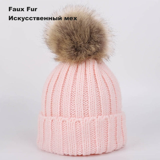 Kids Winter Two Raccoon Fur pom poms Knit Beanie Hats - CTHOPER