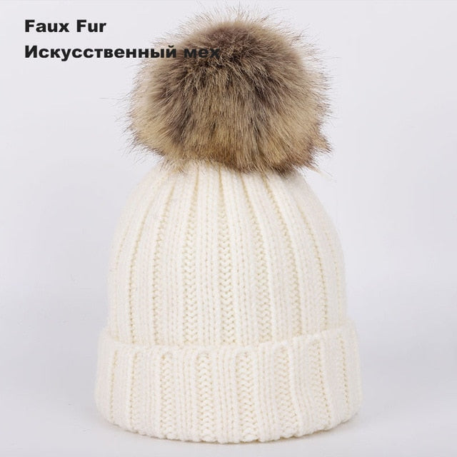 Kids Winter Two Raccoon Fur pom poms Knit Beanie Hats - CTHOPER