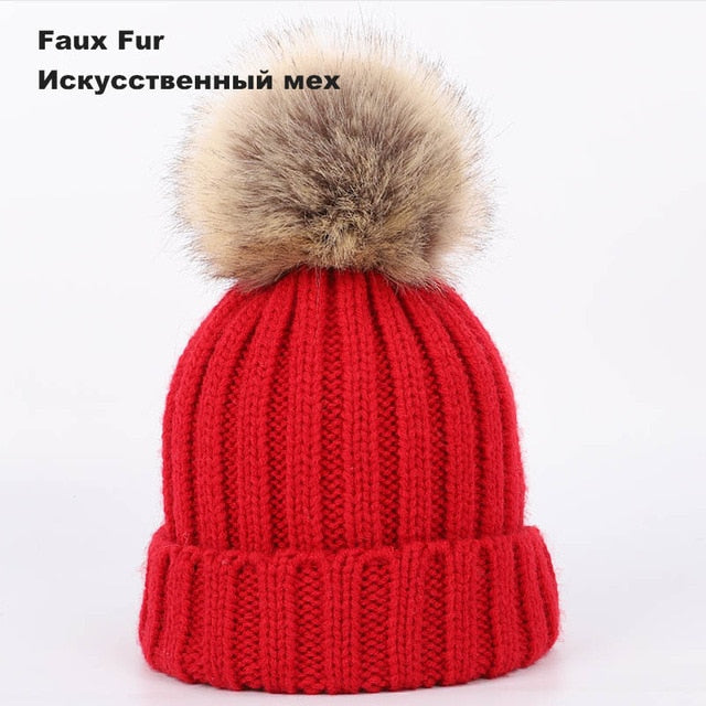 Kids Winter Two Raccoon Fur pom poms Knit Beanie Hats - CTHOPER