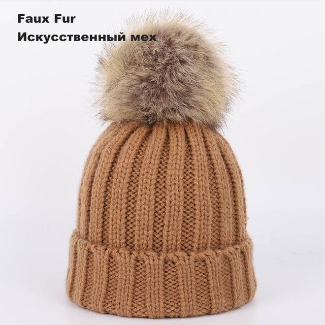 Kids Winter Two Raccoon Fur pom poms Knit Beanie Hats - CTHOPER