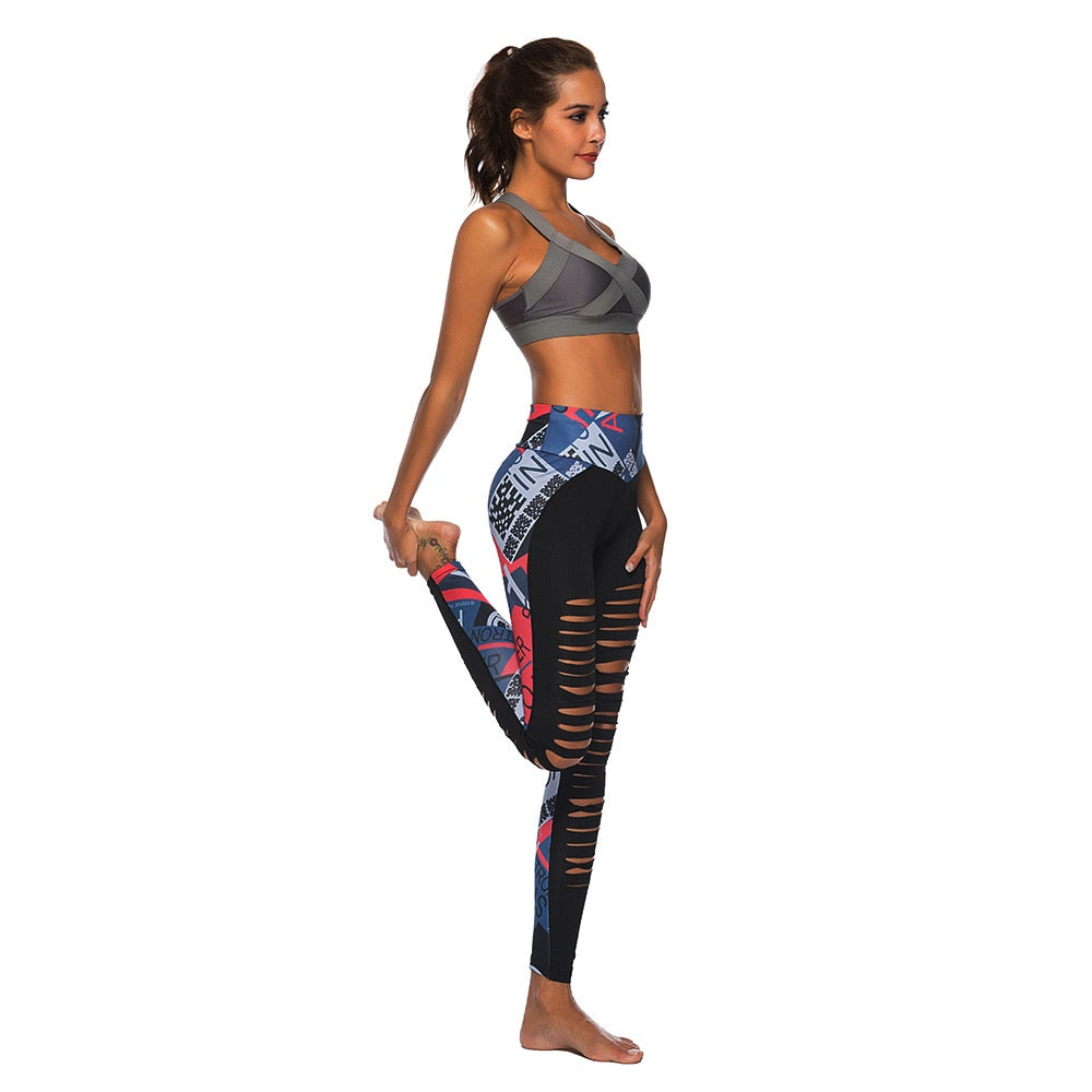 Women Fitness Sexy Hollow Out Printed Leggings - CTHOPER