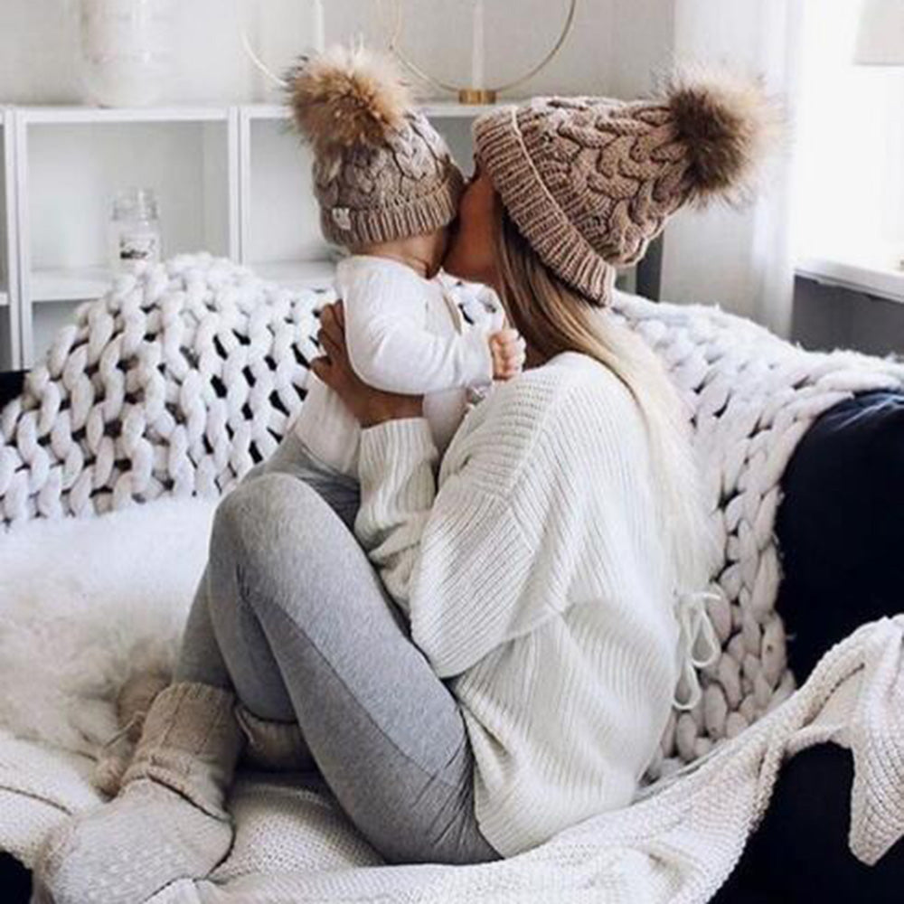 2Pcs Mom Baby Fur Pompom Warm Winter Crochet Knit Wool Solid Color Beanie Caps - CTHOPER