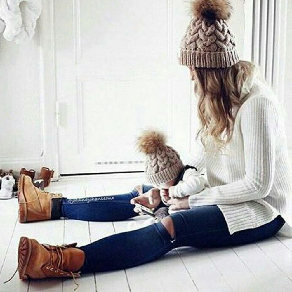 2Pcs Mom Baby Fur Pompom Warm Winter Crochet Knit Wool Solid Color Beanie Caps - CTHOPER