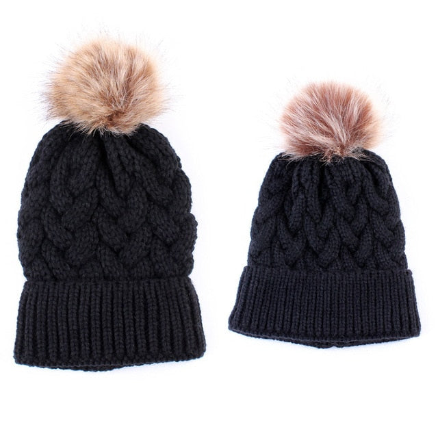 2Pcs Mom Baby Fur Pompom Warm Winter Crochet Knit Wool Solid Color Beanie Caps - CTHOPER