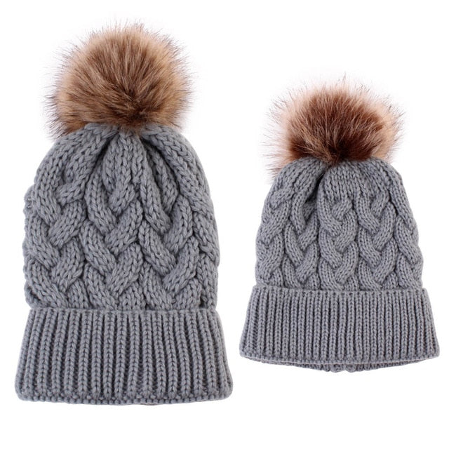 2Pcs Mom Baby Fur Pompom Warm Winter Crochet Knit Wool Solid Color Beanie Caps - CTHOPER