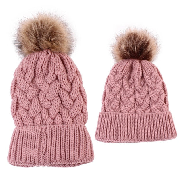 2Pcs Mom Baby Fur Pompom Warm Winter Crochet Knit Wool Solid Color Beanie Caps - CTHOPER